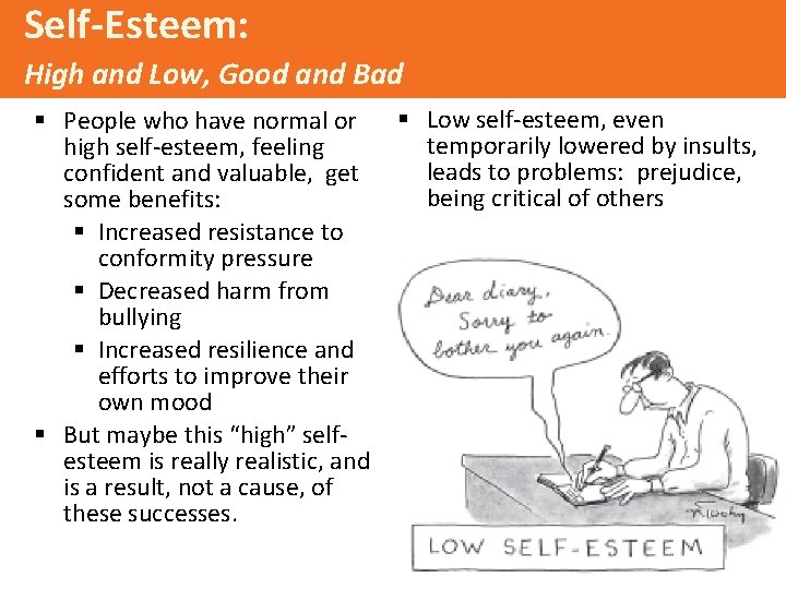 Self-Esteem: High and Low, Good and Bad § People who have normal or high