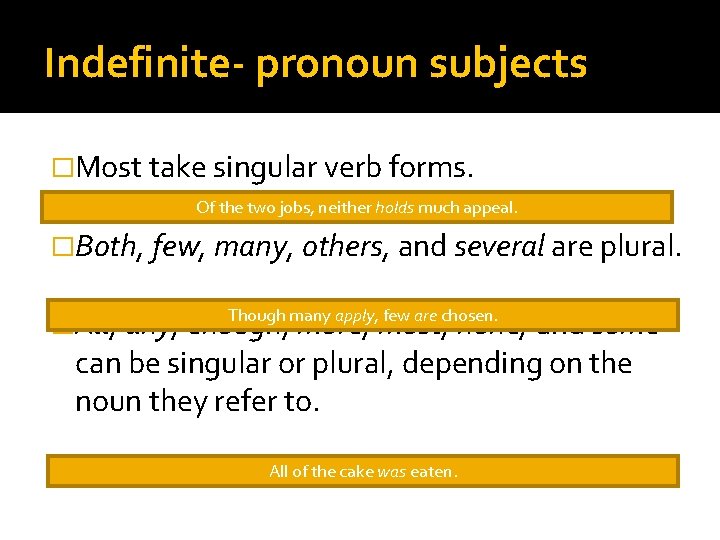 Indefinite- pronoun subjects �Most take singular verb forms. Of the two jobs, neither holds