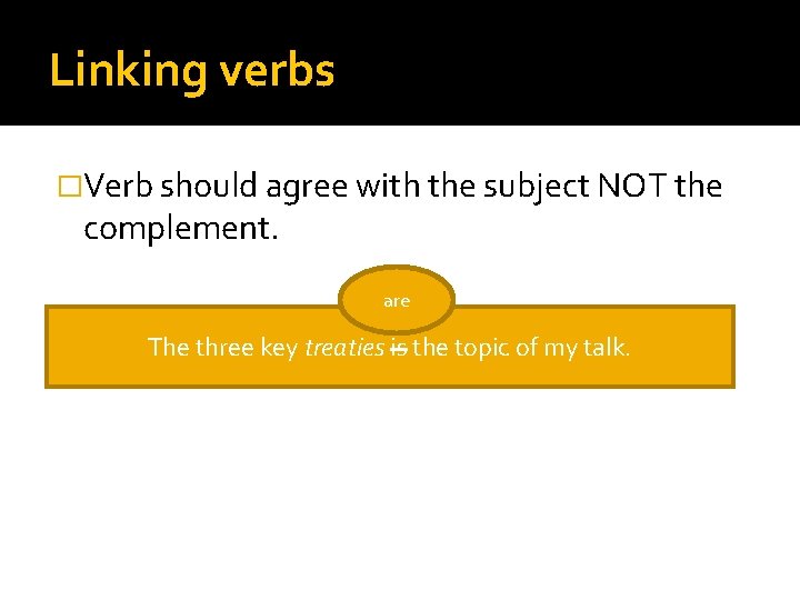 Linking verbs �Verb should agree with the subject NOT the complement. are The three