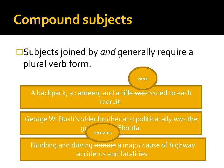 Compound subjects �Subjects joined by and generally require a plural verb form. were A