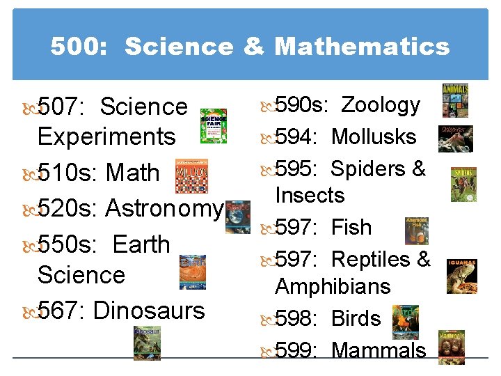 500: Science & Mathematics 507: Science 590 s: Zoology Experiments 510 s: Math 520