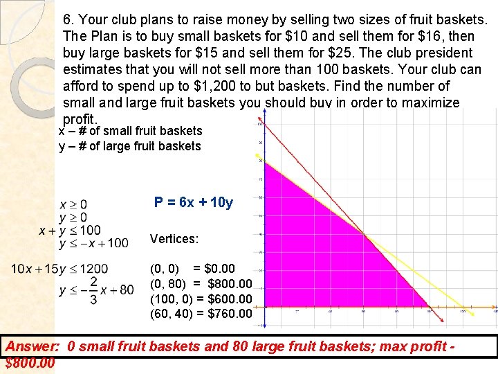 6. Your club plans to raise money by selling two sizes of fruit baskets.