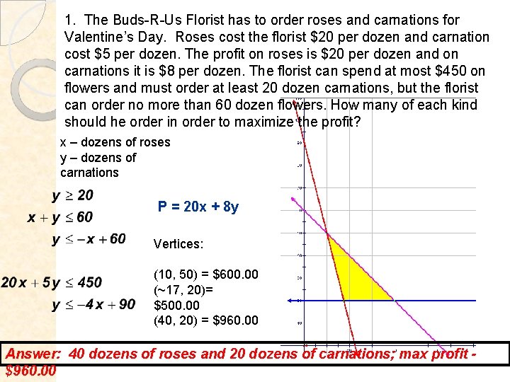 1. The Buds-R-Us Florist has to order roses and carnations for Valentine’s Day. Roses