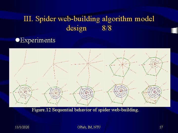 III. Spider web-building algorithm model design 8/8 l. Experiments Figure. 12 Sequential behavior of