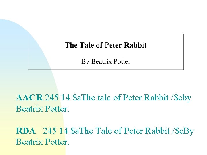 AACR 245 14 $a. The tale of Peter Rabbit /$cby Beatrix Potter. RDA 245