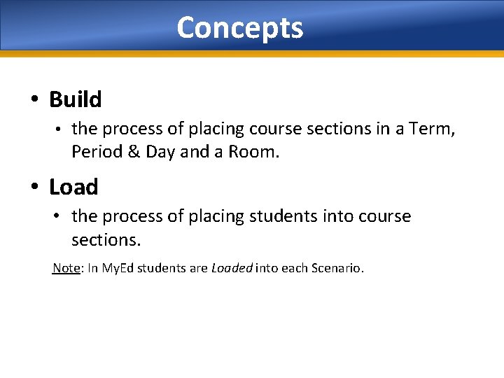 Concepts • Build • the process of placing course sections in a Term, Period