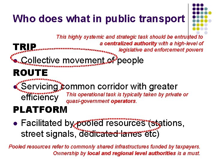 Who does what in public transport This highly systemic and strategic task should be