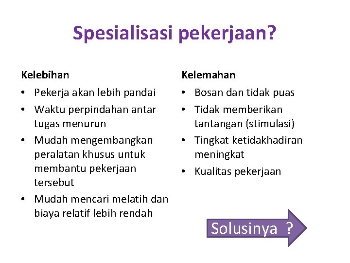 Spesialisasi pekerjaan? Kelebihan Kelemahan • Pekerja akan lebih pandai • Waktu perpindahan antar tugas