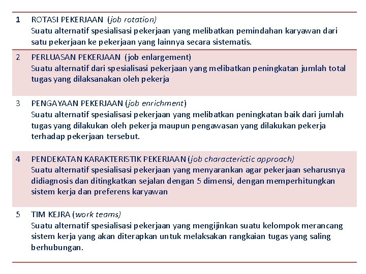 1 ROTASI PEKERJAAN (job rotation) Suatu alternatif spesialisasi pekerjaan yang melibatkan pemindahan karyawan dari