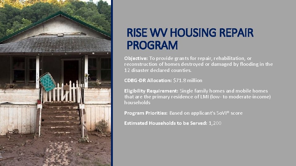 RISE WV HOUSING REPAIR PROGRAM Objective: To provide grants for repair, rehabilitation, or reconstruction