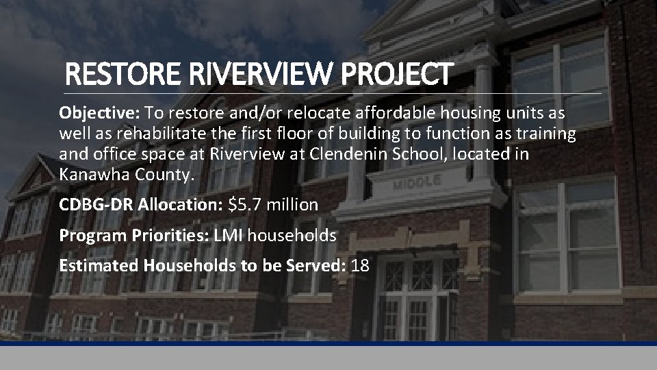 RESTORE RIVERVIEW PROJECT Objective: To restore and/or relocate affordable housing units as well as