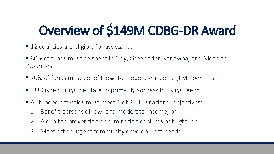 Overview of $149 M CDBG-DR Award § 12 counties are eligible for assistance §