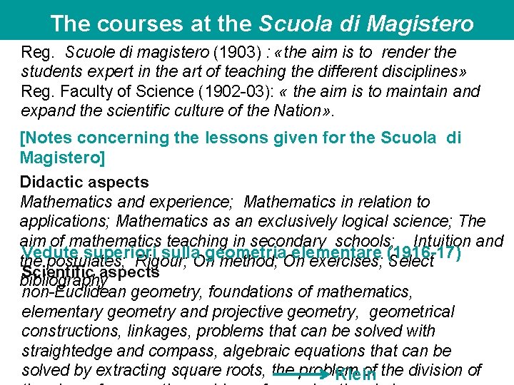 The courses at the Scuola di Magistero Reg. Scuole di magistero (1903) : «the