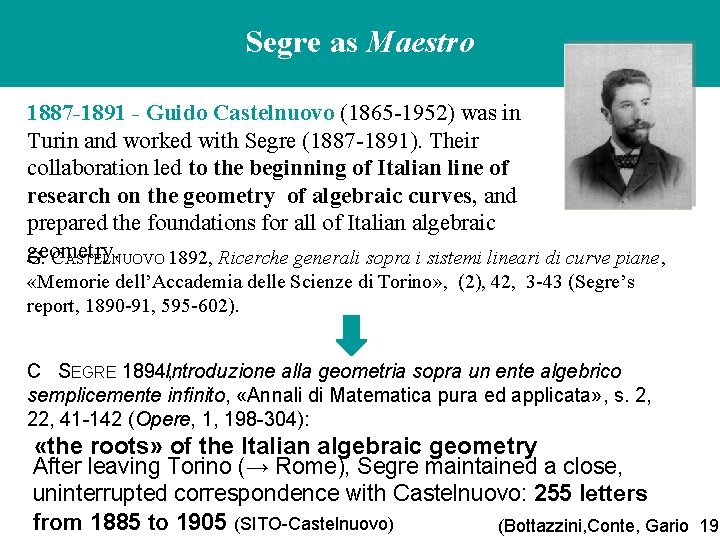 Segre as Maestro 1887 -1891 - Guido Castelnuovo (1865 -1952) was in Turin and