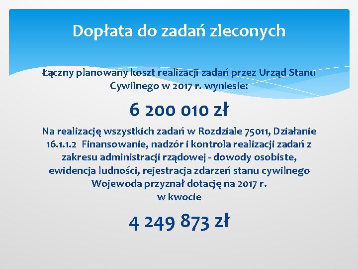 Dopłata do zadań zleconych Łączny planowany koszt realizacji zadań przez Urząd Stanu Cywilnego w