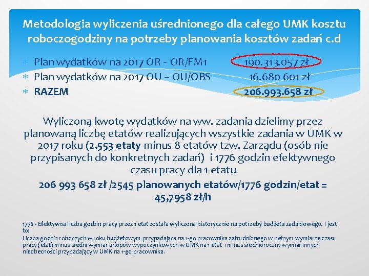 Metodologia wyliczenia uśrednionego dla całego UMK kosztu roboczogodziny na potrzeby planowania kosztów zadań c.