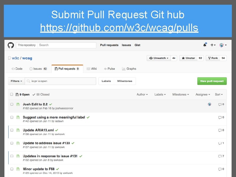 Submit Pull Request Git hub https: //github. com/w 3 c/wcag/pulls 