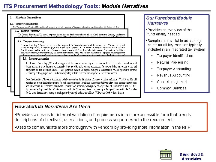 ITS Procurement Methodology Tools: Module Narratives Our Functional Module Narratives • Provides an overview