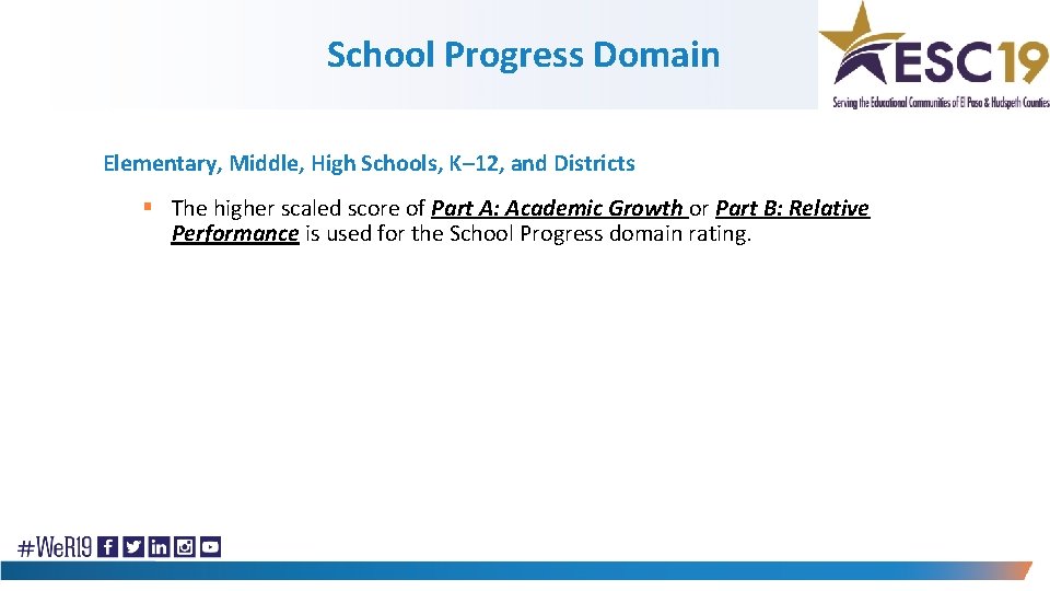 School Progress Domain Elementary, Middle, High Schools, K– 12, and Districts § The higher