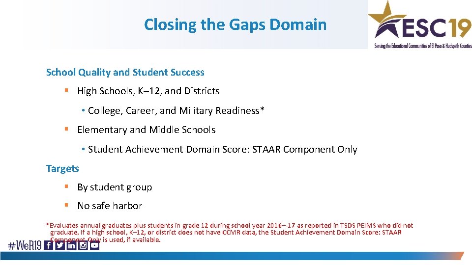 Closing the Gaps Domain School Quality and Student Success § High Schools, K– 12,