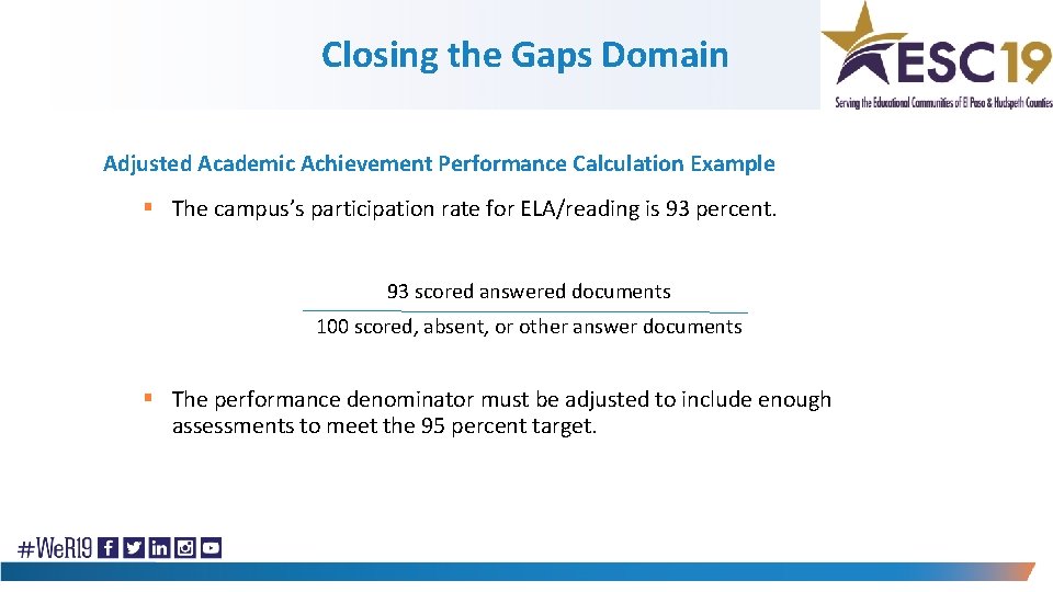 Closing the Gaps Domain Adjusted Academic Achievement Performance Calculation Example § The campus’s participation