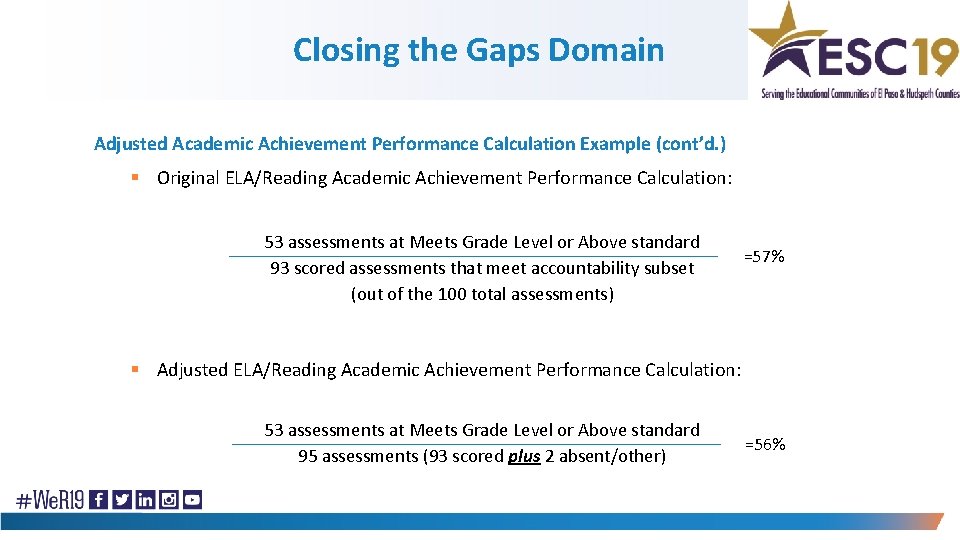 Closing the Gaps Domain Adjusted Academic Achievement Performance Calculation Example (cont’d. ) § Original