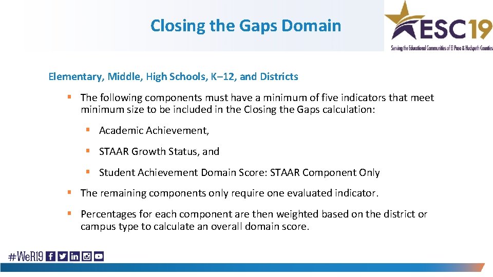 Closing the Gaps Domain Elementary, Middle, High Schools, K– 12, and Districts § The
