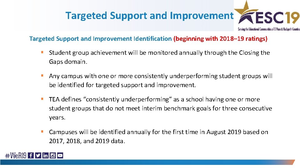 Targeted Support and Improvement Identification (beginning with 2018– 19 ratings) § Student group achievement