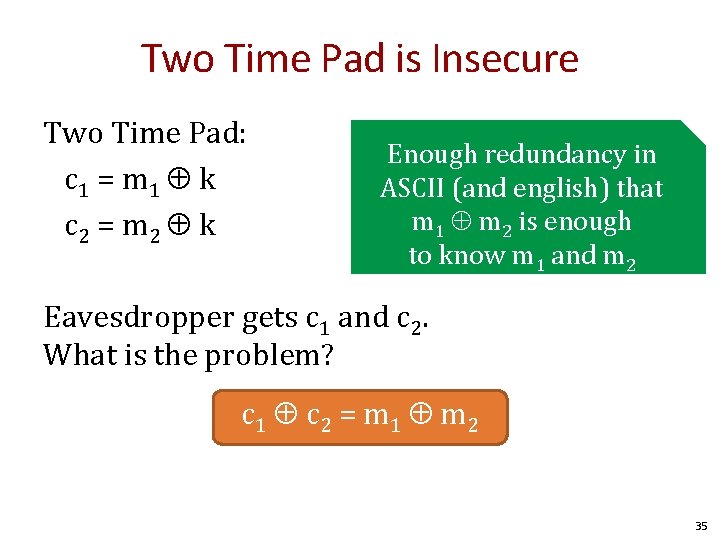 Two Time Pad is Insecure Two Time Pad: c 1 = m 1 k