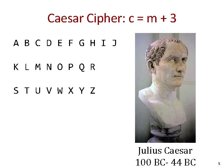 Caesar Cipher: c = m + 3 A B C D E F G