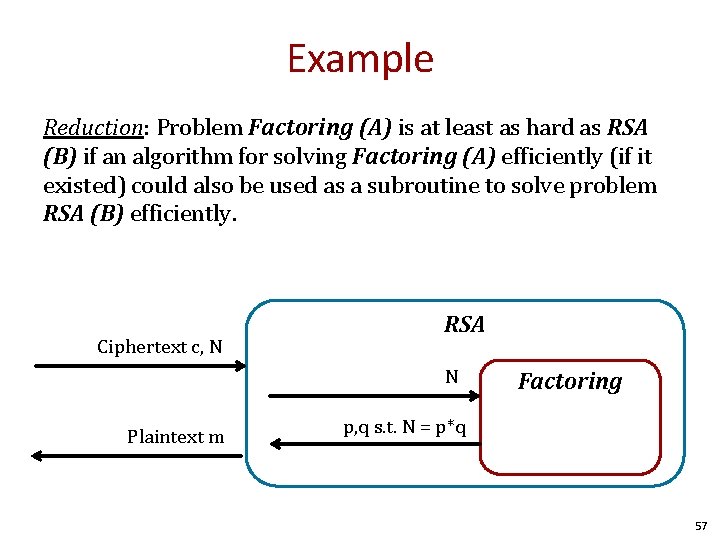 Example Reduction: Problem Factoring (A) is at least as hard as RSA (B) if