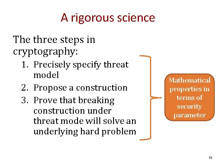 A rigorous science The three steps in cryptography: 1. Precisely specify threat model 2.