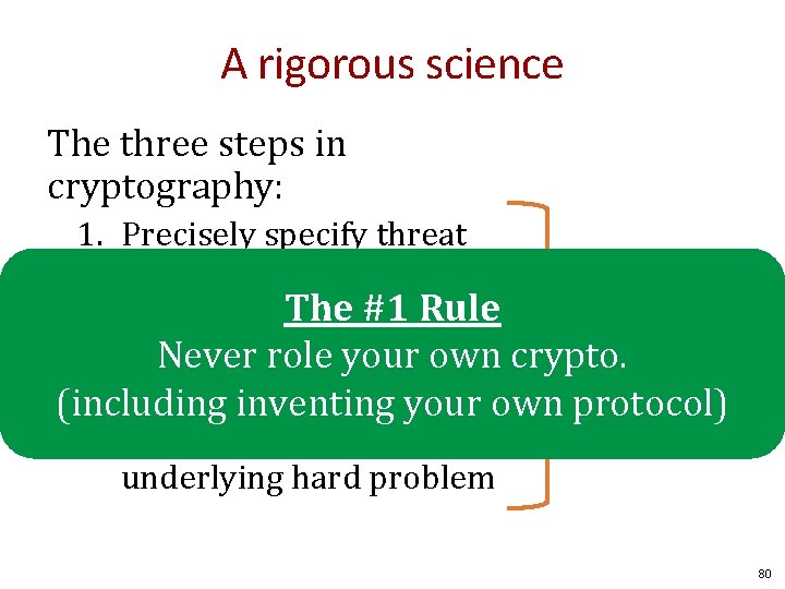A rigorous science The three steps in cryptography: 1. Precisely specify threat model Mathematical