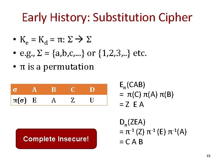 Early History: Substitution Cipher • Ke = Kd = π: Σ Σ • e.