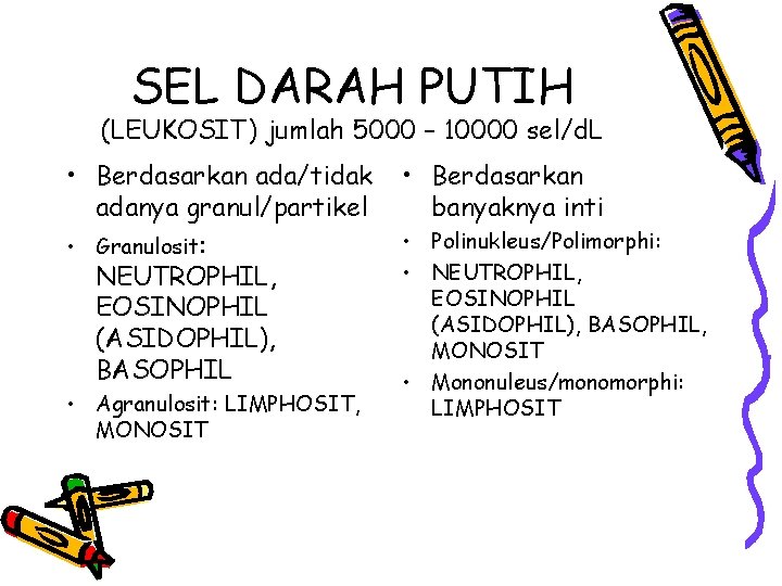 SEL DARAH PUTIH (LEUKOSIT) jumlah 5000 – 10000 sel/d. L • Berdasarkan ada/tidak adanya