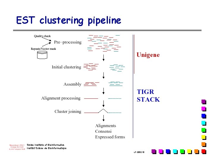 EST clustering pipeline Swiss Institute of Bioinformatics Institut Suisse de Bioinformatique LF-2002. 10 