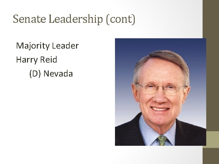 Senate Leadership (cont) Majority Leader Harry Reid (D) Nevada 