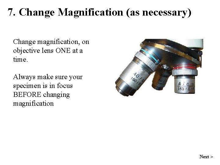 7. Change Magnification (as necessary) Change magnification, on objective lens ONE at a time.