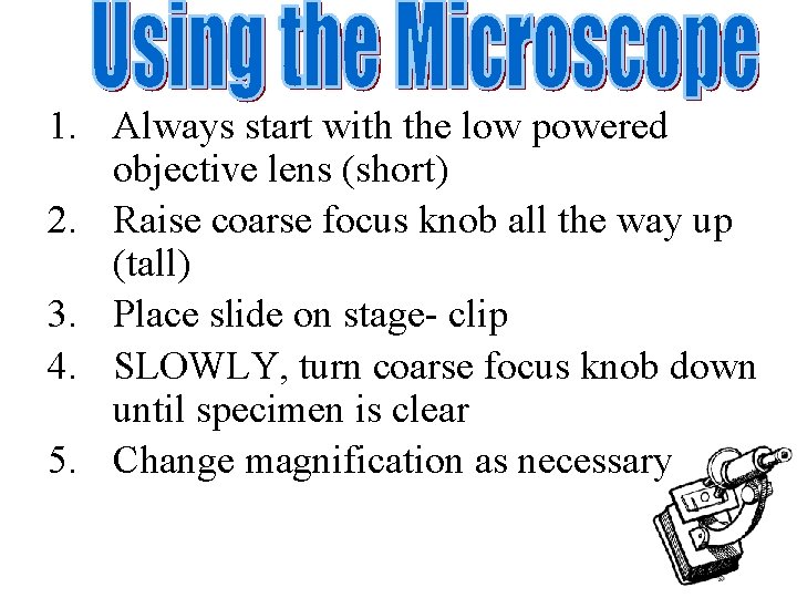 1. Always start with the low powered objective lens (short) 2. Raise coarse focus