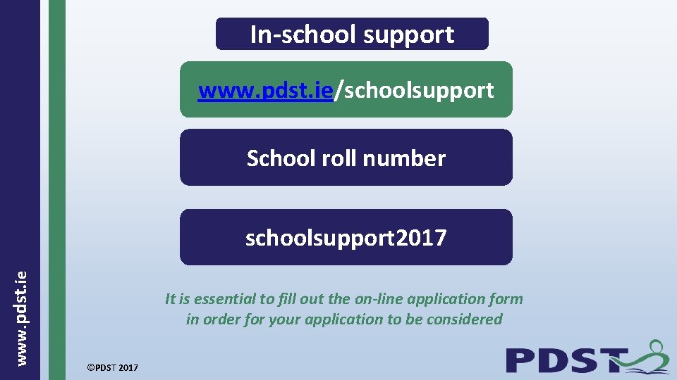 In-school support www. pdst. ie/schoolsupport School roll number www. pdst. ie schoolsupport 2017 It