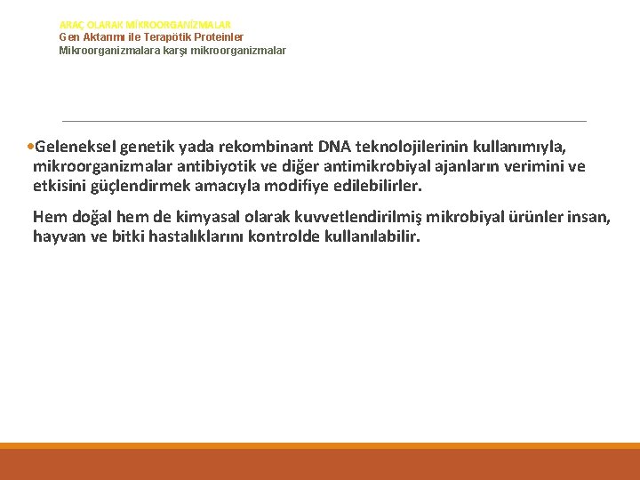 Mikrobiyal biyoteknoloji ARAÇ OLARAK MİKROORGANİZMALAR Gen Aktarımı ile Terapötik Proteinler Mikroorganizmalara karşı mikroorganizmalar Geleneksel