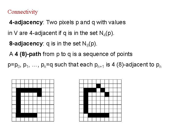 Connectivity 4 -adjacency: Two pixels p and q with values in V are 4