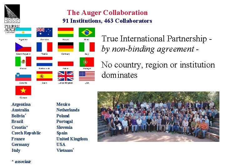 The Auger Collaboration 91 Institutions, 463 Collaborators True International Partnership by non-binding agreement No