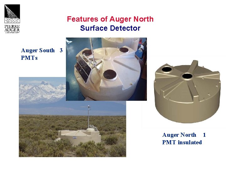 Features of Auger North Surface Detector Auger South 3 PMTs Auger North 1 PMT