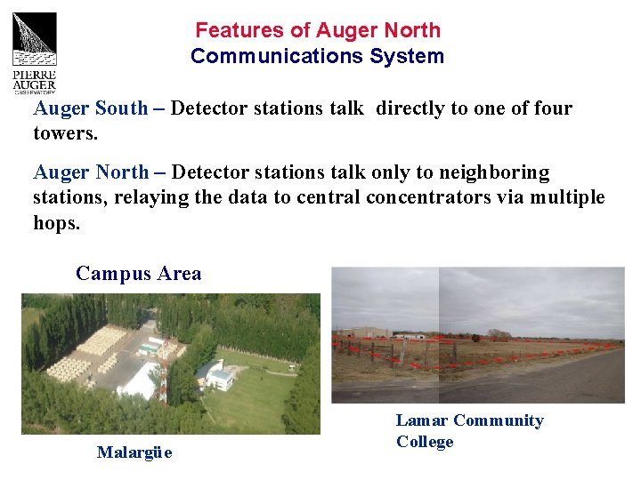 Features of Auger North Communications System Auger South – Detector stations talk directly to
