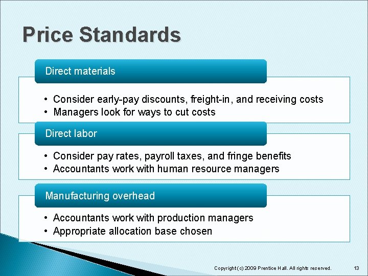 Price Standards Direct materials • Consider early-pay discounts, freight-in, and receiving costs • Managers