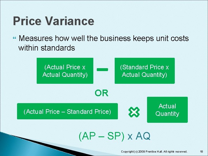 Price Variance Measures how well the business keeps unit costs within standards (Actual Price
