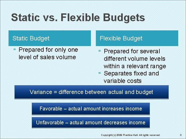 Static vs. Flexible Budgets Static Budget Prepared for only one level of sales volume