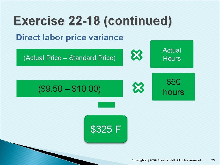 Exercise 22 -18 (continued) Direct labor price variance (Actual Price – Standard Price) ($9.