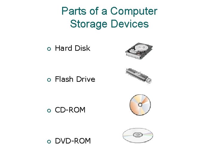 Parts of a Computer Storage Devices ¡ Hard Disk ¡ Flash Drive ¡ CD-ROM Parts of a Computer Storage Devices ¡ Hard Disk ¡ Flash Drive ¡ CD-ROM